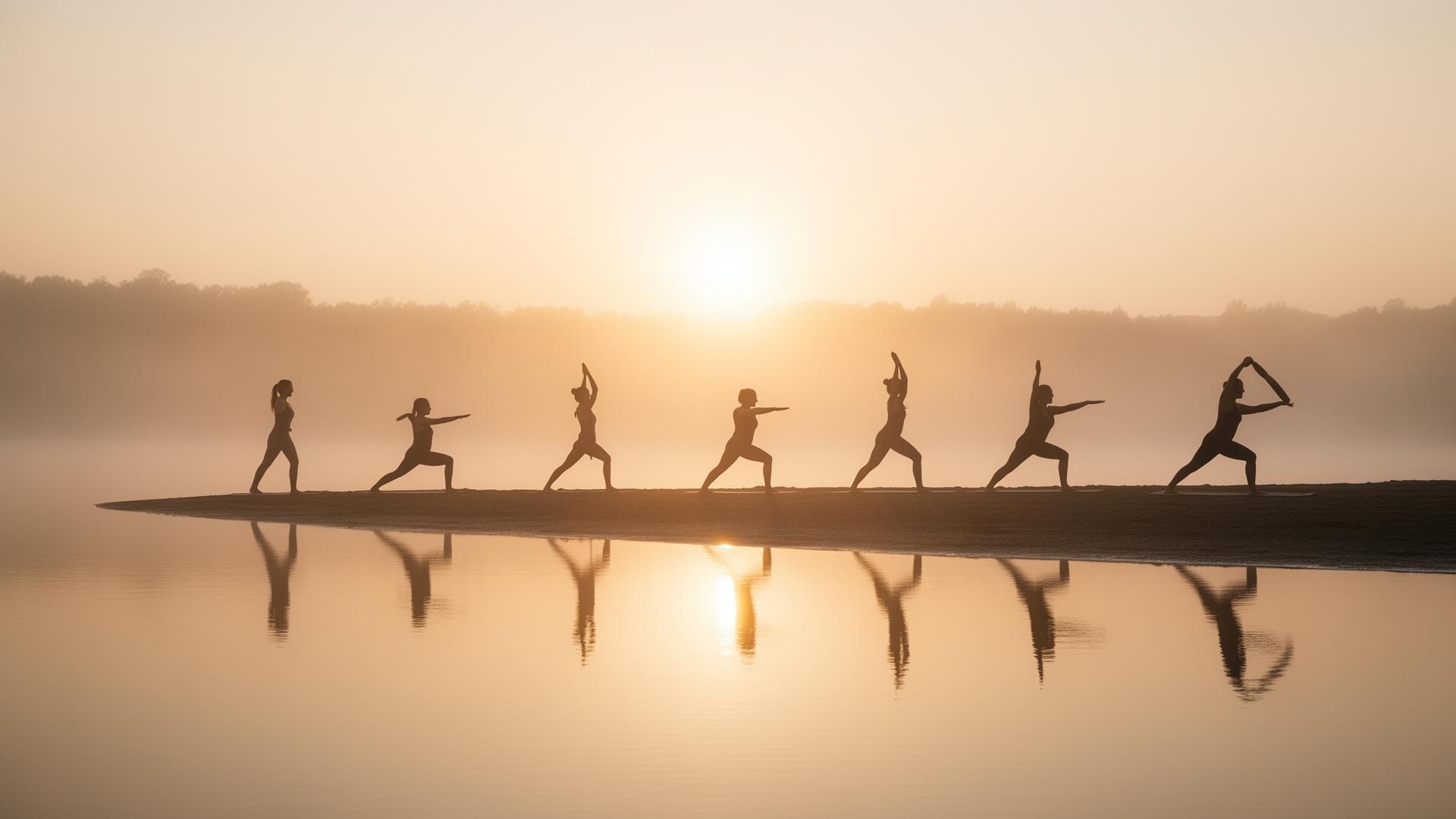 Silhouettes of people practicing yoga at sunrise by still water